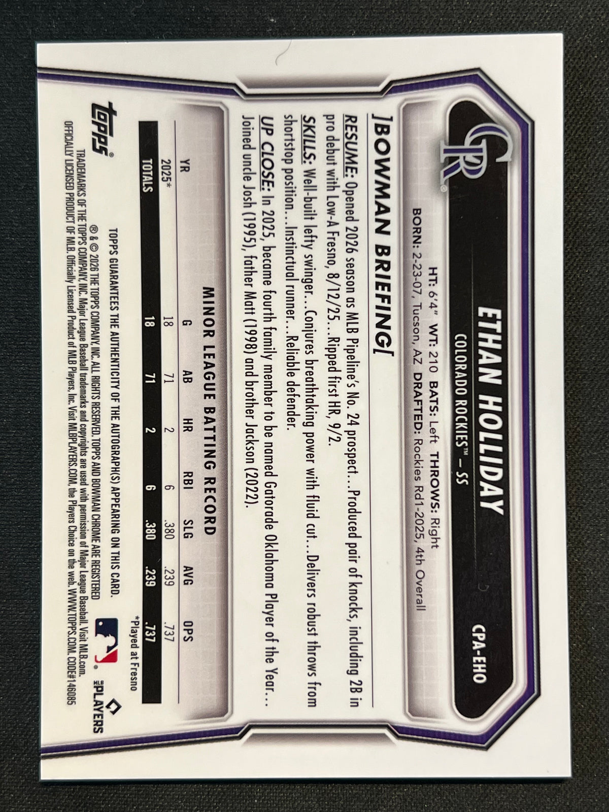 2026 Bowman Chrome Ethan Holliday Auto Mojo Refractor Rockies #CPA-EHO