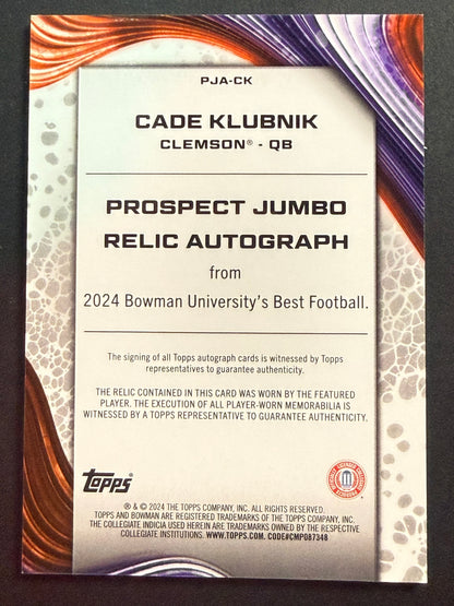 2024 Bowman U Best Prospect Jumbo Patch Auto Cade Klubnik Refractor #PJA-CK Clemson Tigers