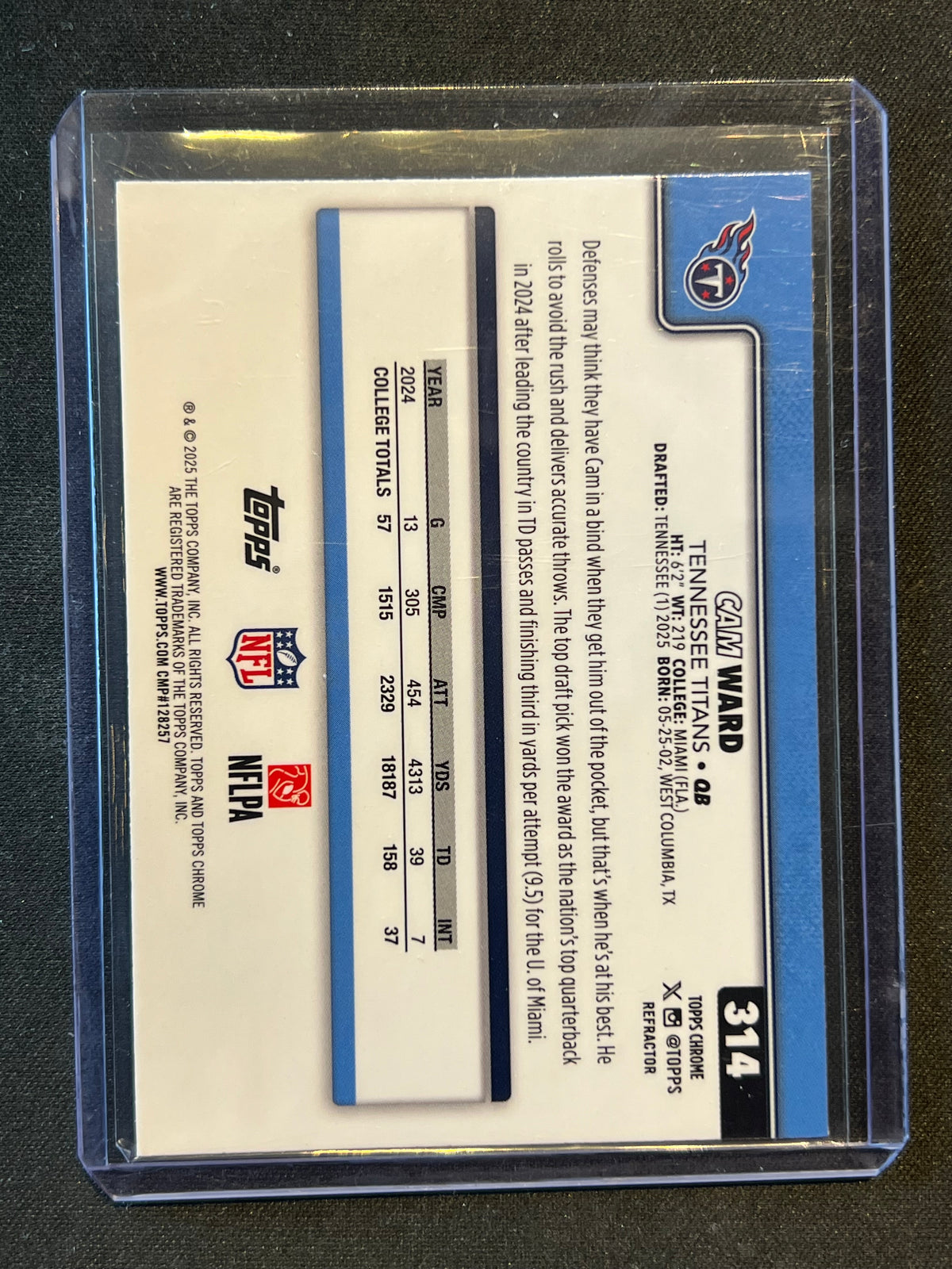 2025 Topps Chrome - Rookies Cam Ward #314 Refractor (RC)