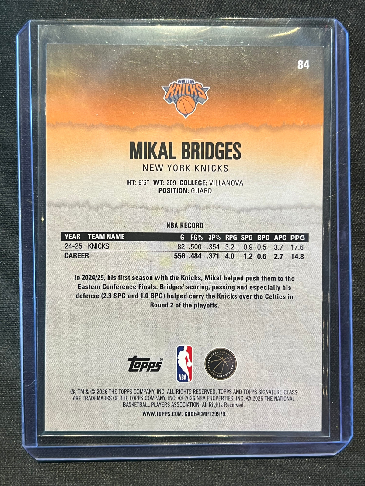 2025-26 Topps Signature Class Orange Color Match Mikal Bridges Knicks /50 #84