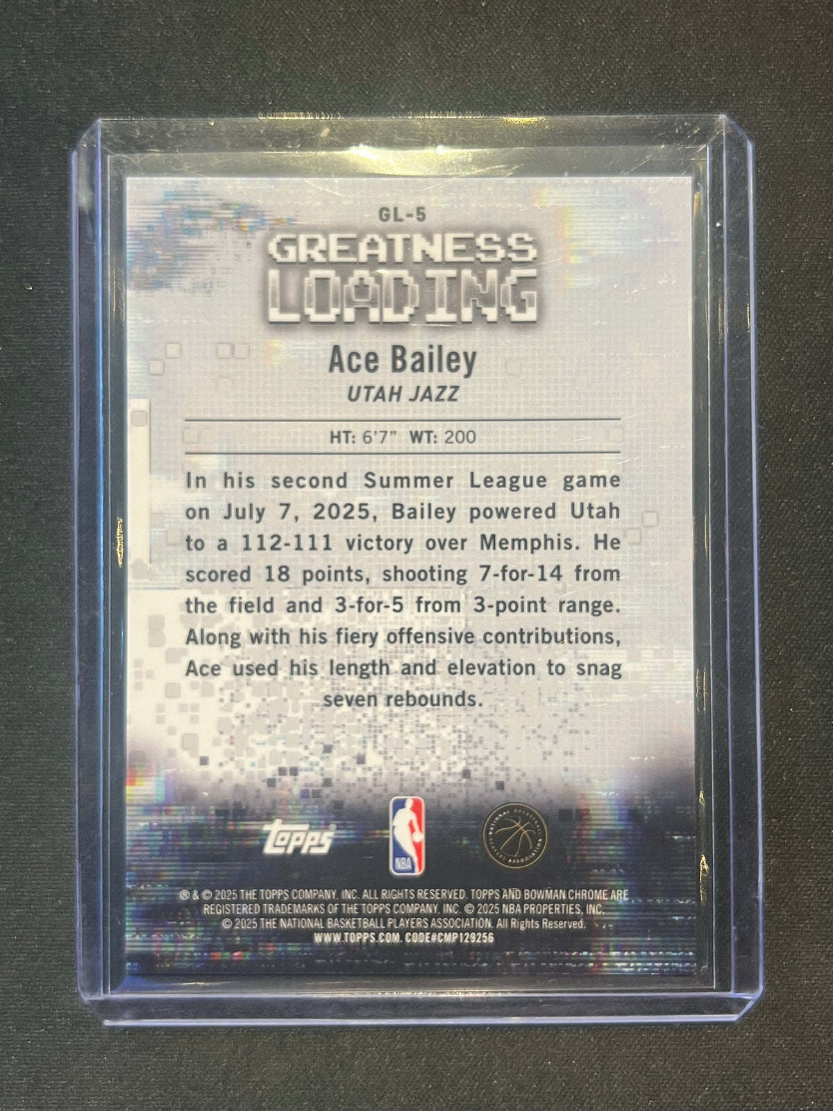 2025-26 Bowman Chrome Ace Bailey Greatness Loading Aqua Refractor RC /125 Jazz #GL-5