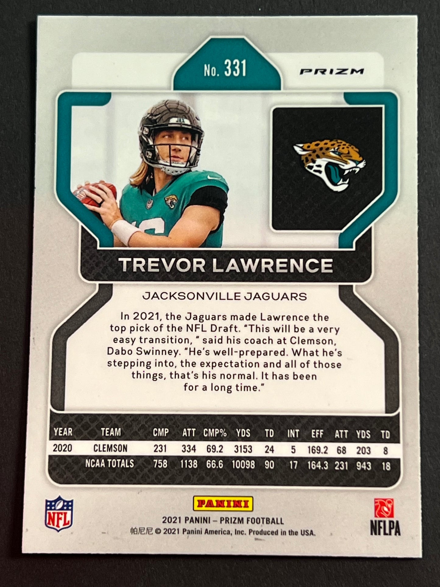 2021 Panini Prizm Black & White Checkerboard Rookie Trevor Lawrence #331 Jaguars