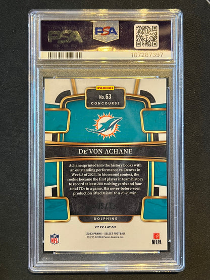 2023 Panini Select - Concourse De'Von Achane #63 Purple Prizm /75 (RC) PSA 10