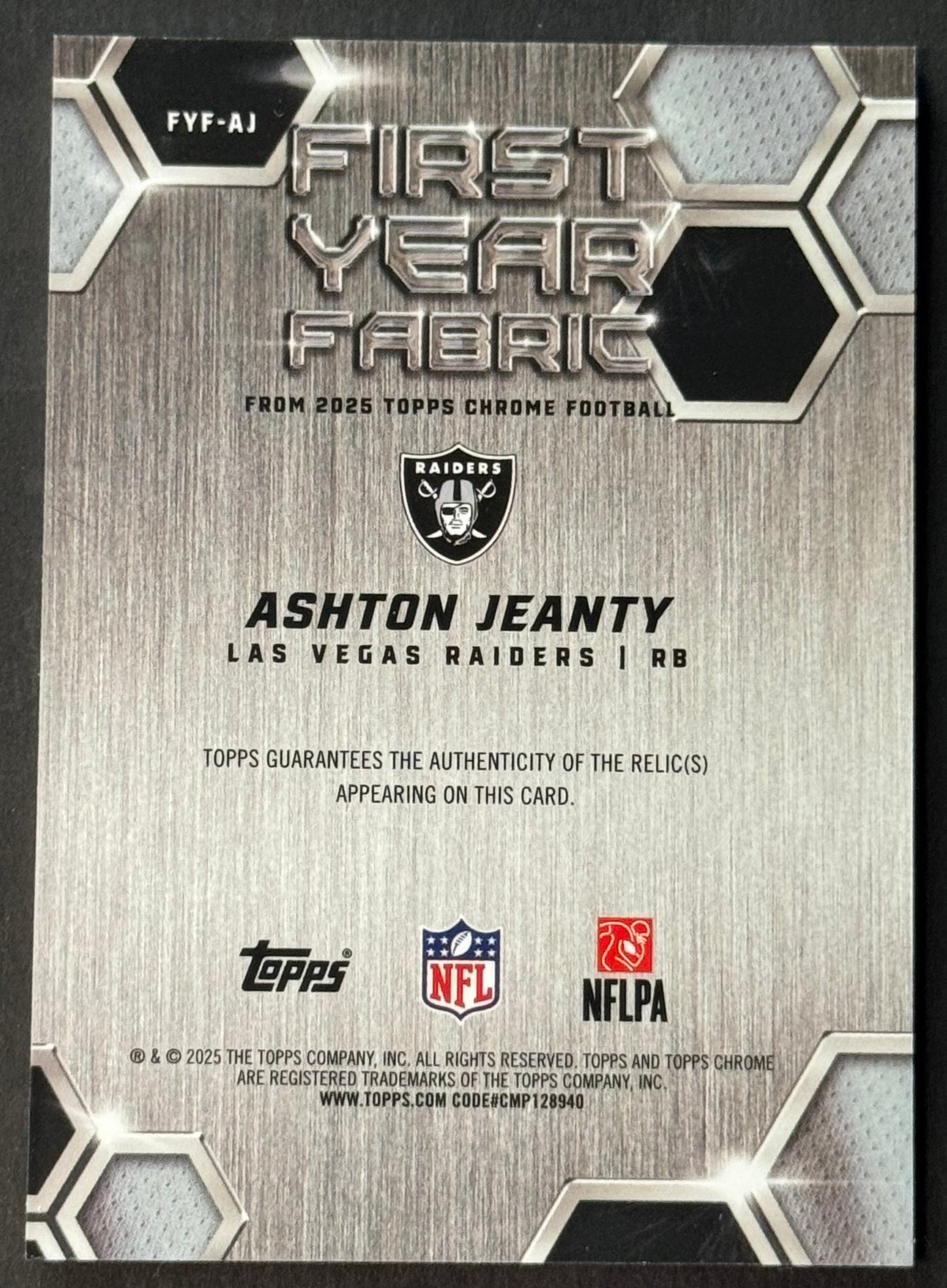 Topps Chrome 2025 Ashton Jeanty First Year Fabric Rookie #FYF-AJ