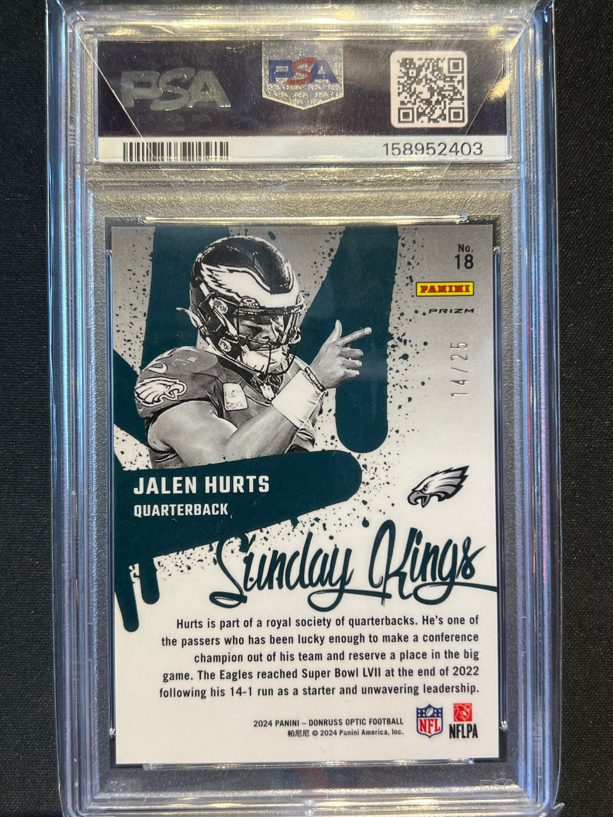 2024 Donruss Optic Sunday Kings Black Pandora #18 Jalen Hurts Eagles 14/25 PSA 9
