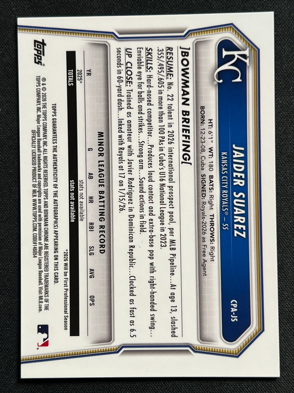 2026 Topps Bowman Chrome Jaider Suarez 1st Bowman Autograph #CPA-JS Royals