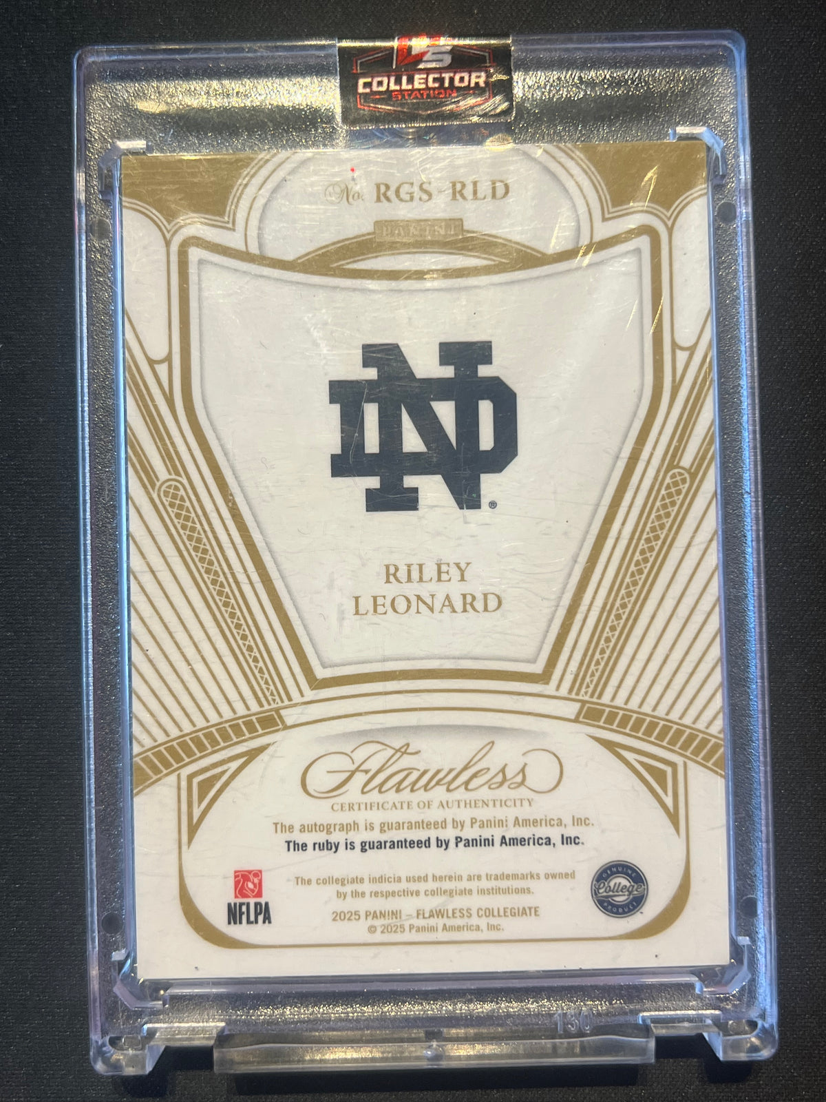 Panini 2025 Flawless Riley Leonard #RGS-RLD Ruby /20 RC