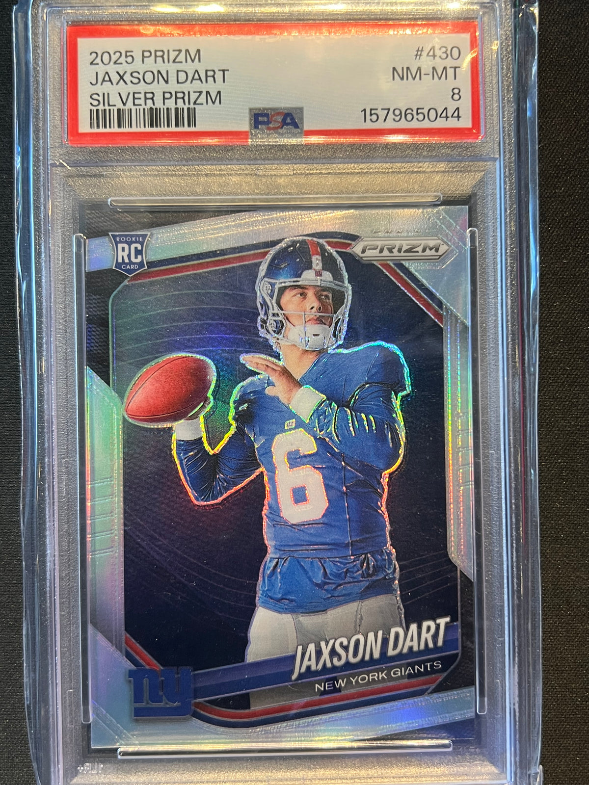 2025 Panini Prizm Jaxson Dart Silver Photo Variation Rookie Card #430 RC PSA 8