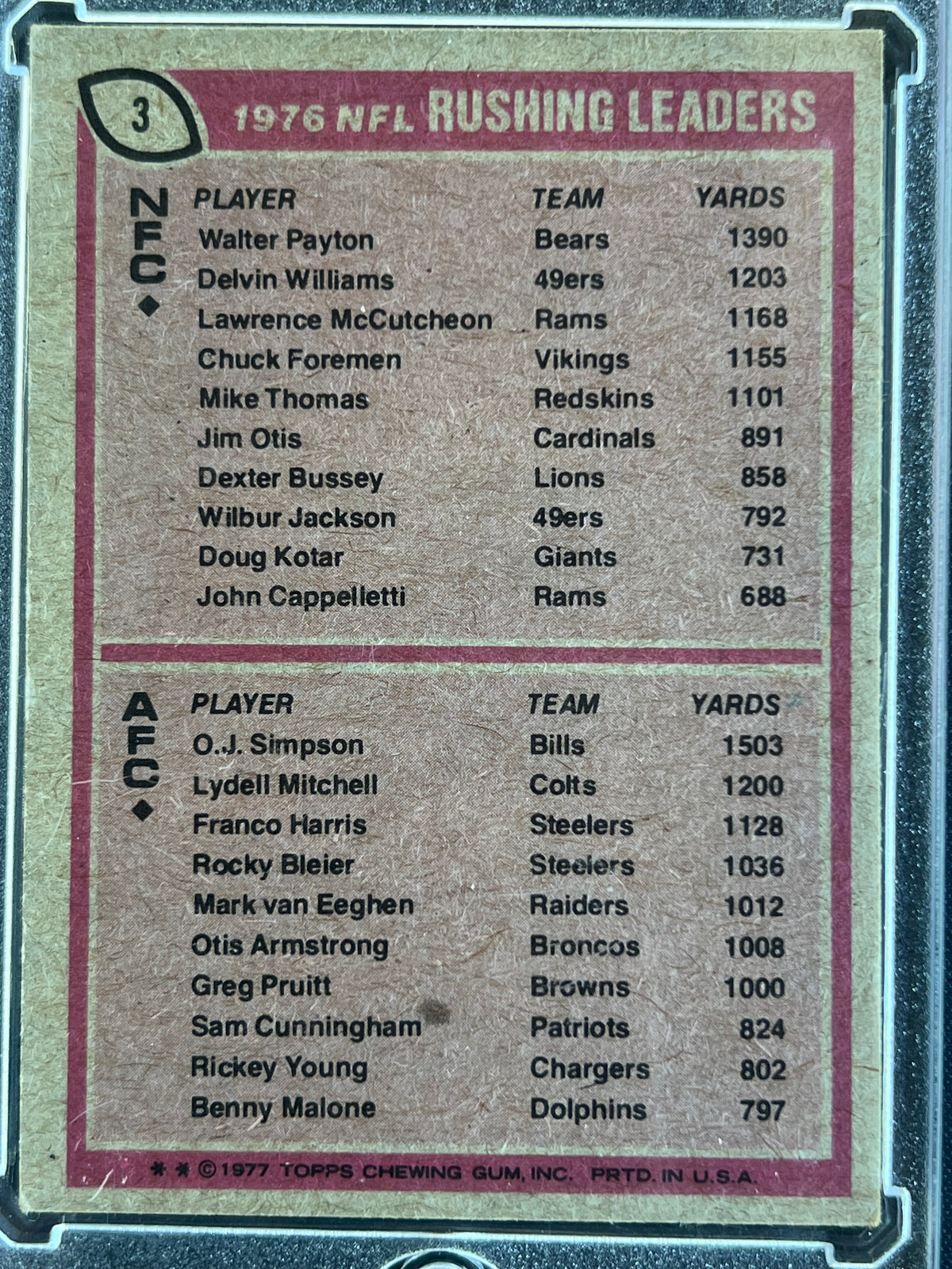 1977 Topps #3 Walter Payton / O.J. Simpson Chicago Bears, Buffalo Bills