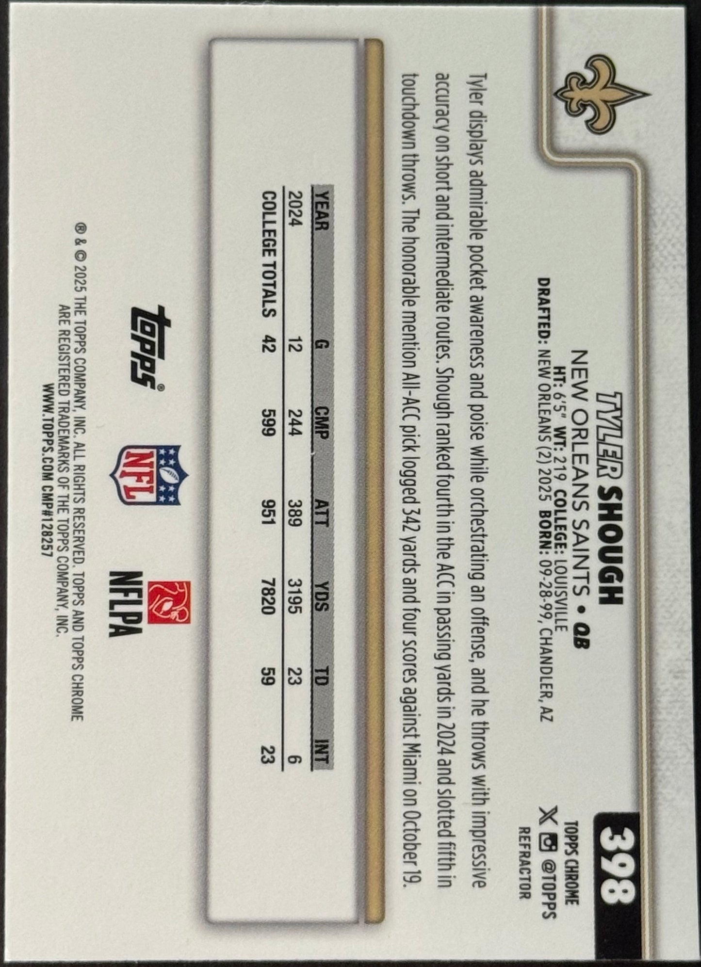 2025 Topps Chrome Football NFL Tyler Shough Refractor #398  RC
