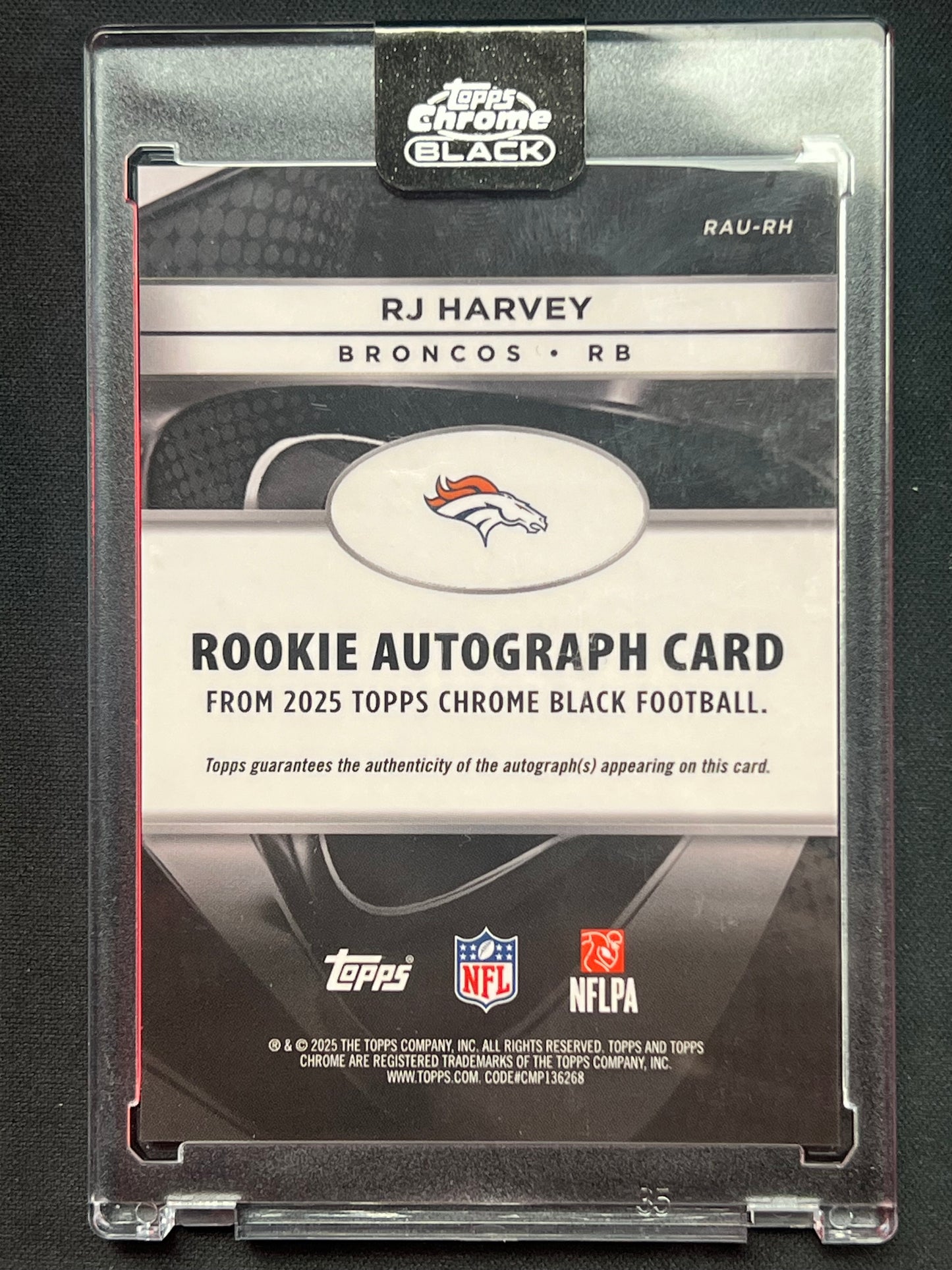 2025 Topps Chrome Black Football RJ Harvey Rookie Autograph #RAU-RH Broncos
