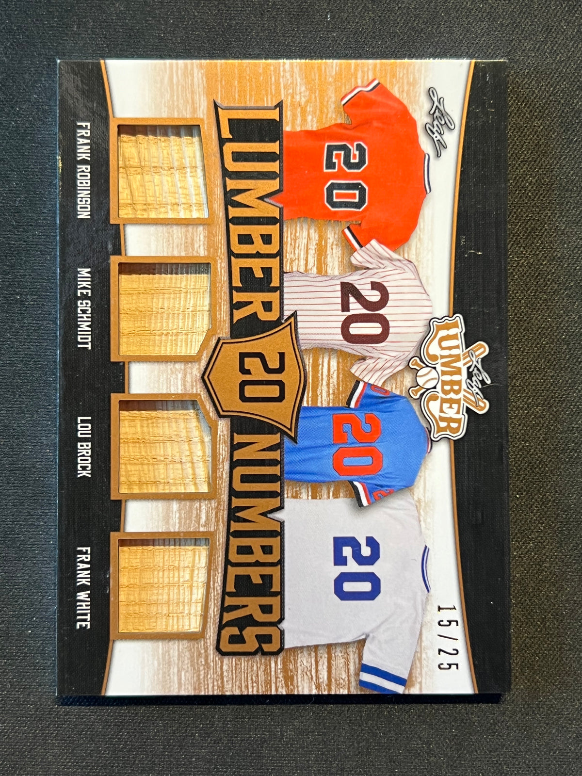 2021 Leaf Lumber Lumber Numbers Relic Frank Robinson/Mike Schmidt/Lou Brock/Frank White 15/25 #LN-14