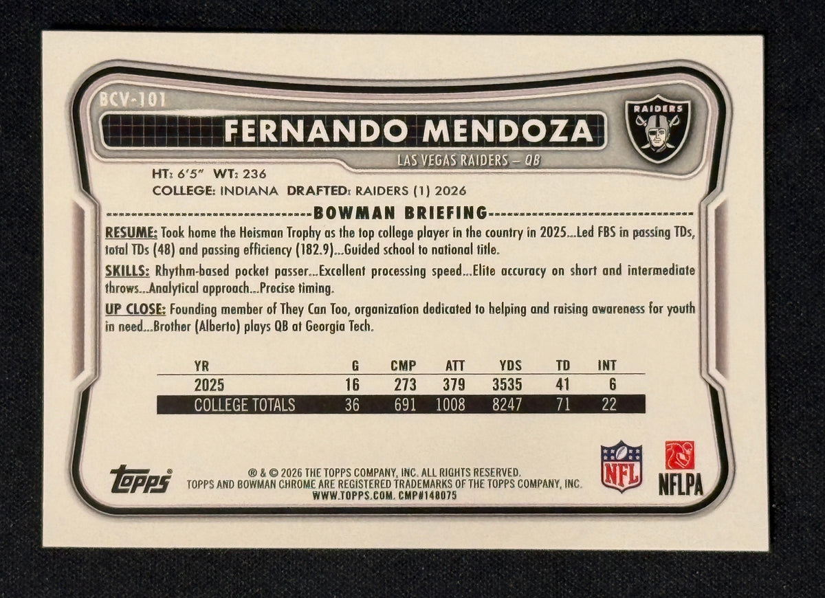 2026 Bowman Football Fernando Mendoza Speckle Refractor BCV-101