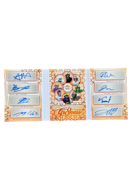 2024 LEAF TRINITY GR8NESS AUTO BOOKLET 8 Players On Card - Corum McMillan Trice Franklin Baker Wilson