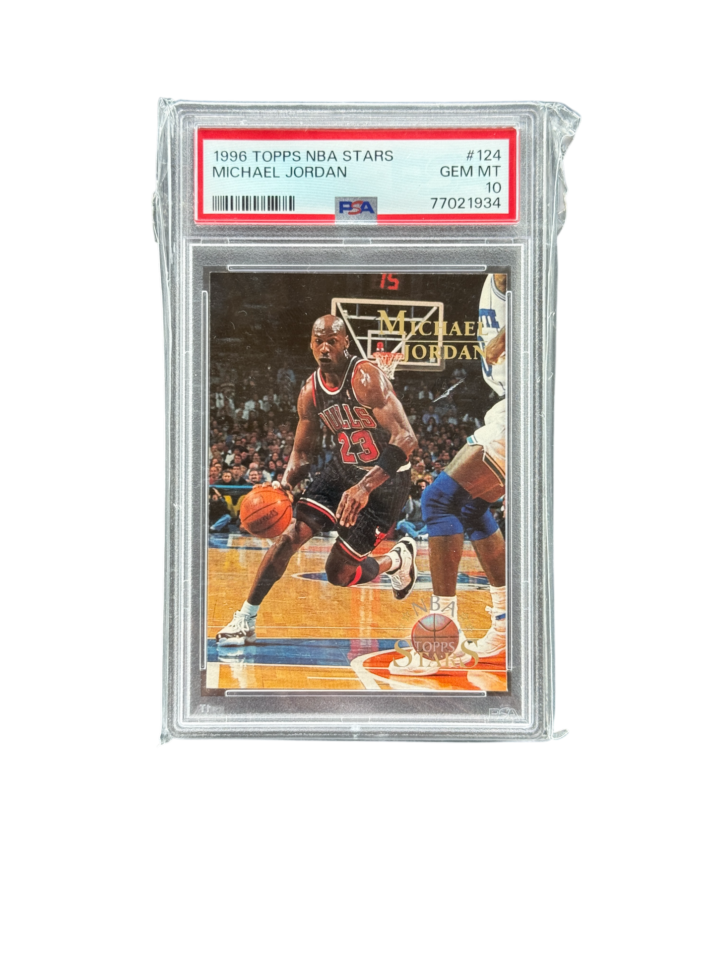 Basketball trading card of Michael Jordan in a display case with a PSA grading label.