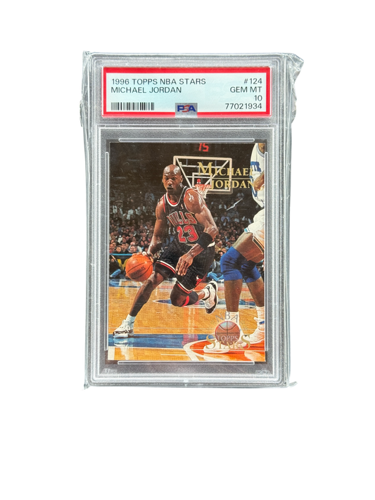 Basketball trading card of Michael Jordan in a display case with a PSA grading label.
