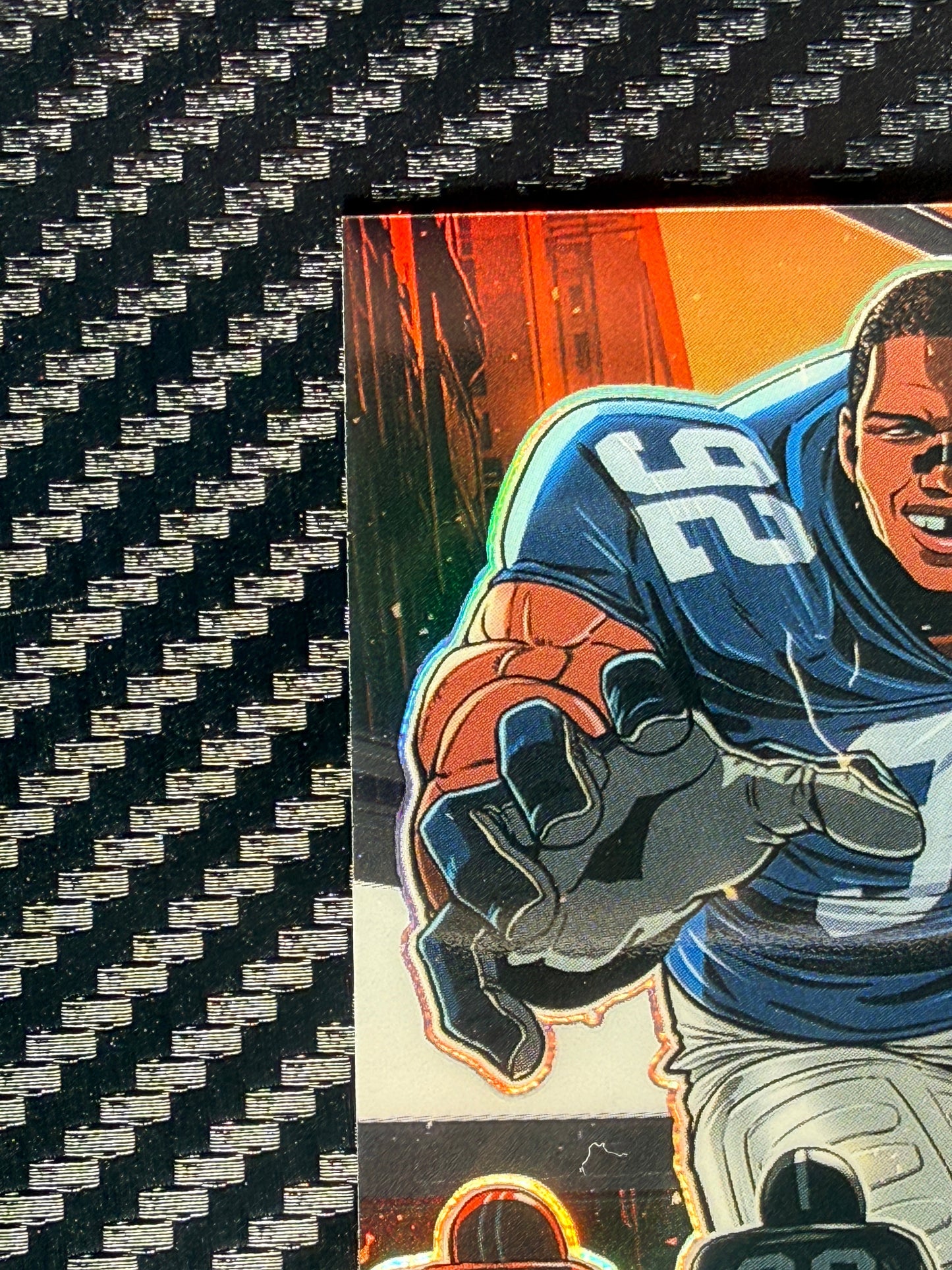 Colorful sports trading card with a player in a blue uniform and number 26 on a textured black background.