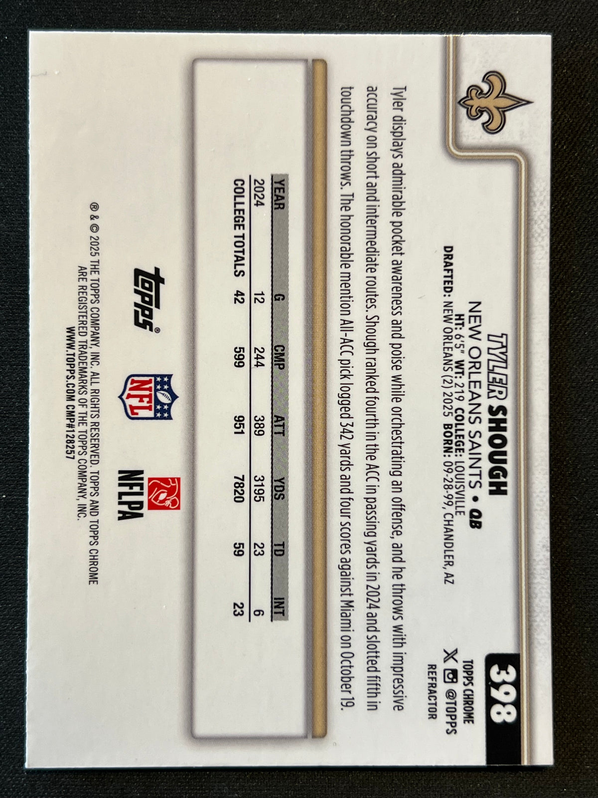 2025 Topps Chrome Tyler Shough New Orleans Saints Refractor #398 (RC)