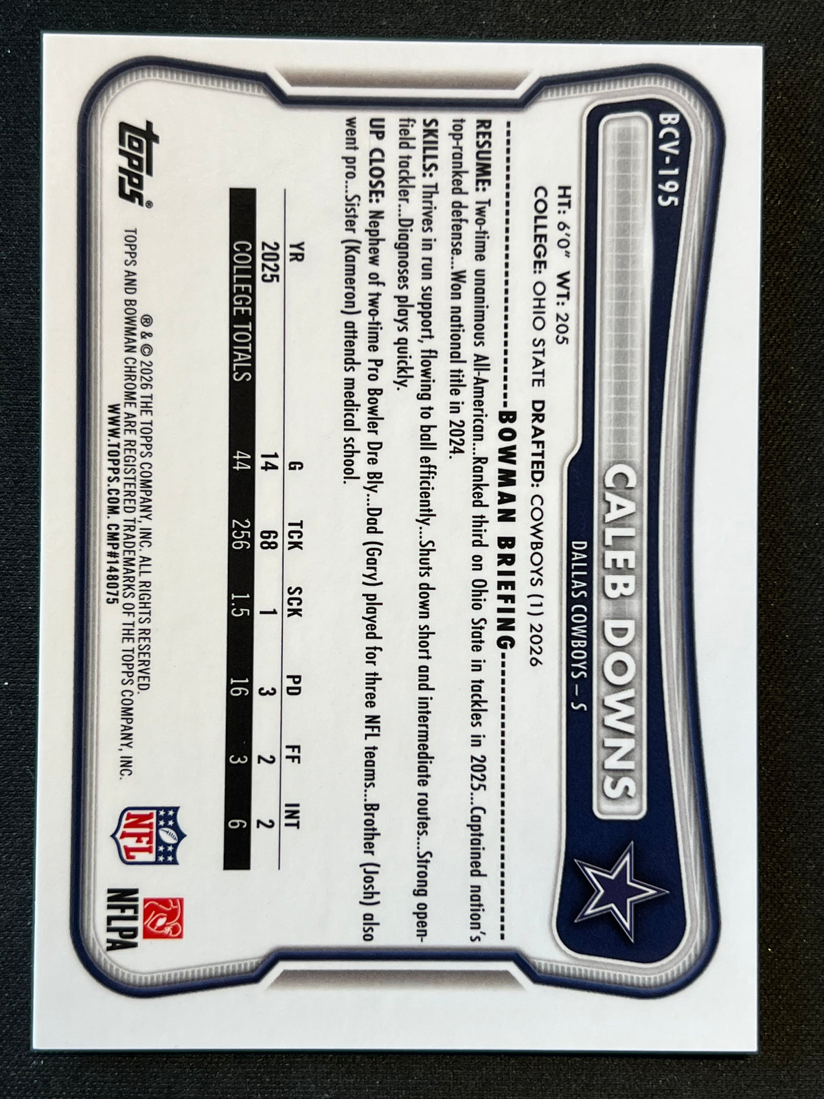 2026 Bowman Chrome Caleb Downs #BCV-195 Yellow Refractor /275 Cowboys