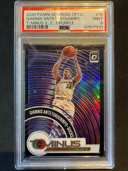 2020 Donruss Optic T-Minus 3 2 1 Purple Prizm Giannis Antetokounmpo PSA 9