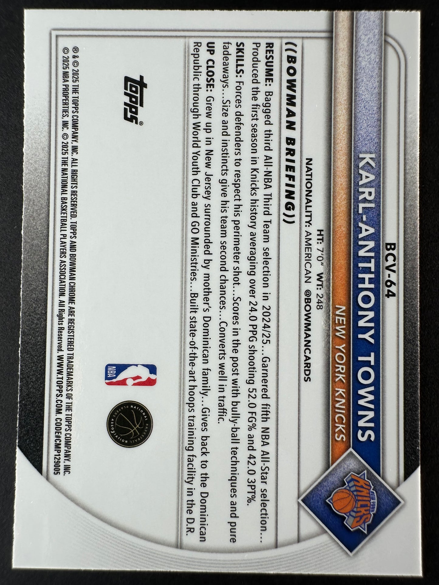 2025-26 Bowmen Chrome Karl-Anthony Towns Reptillian Refractor Blue /150