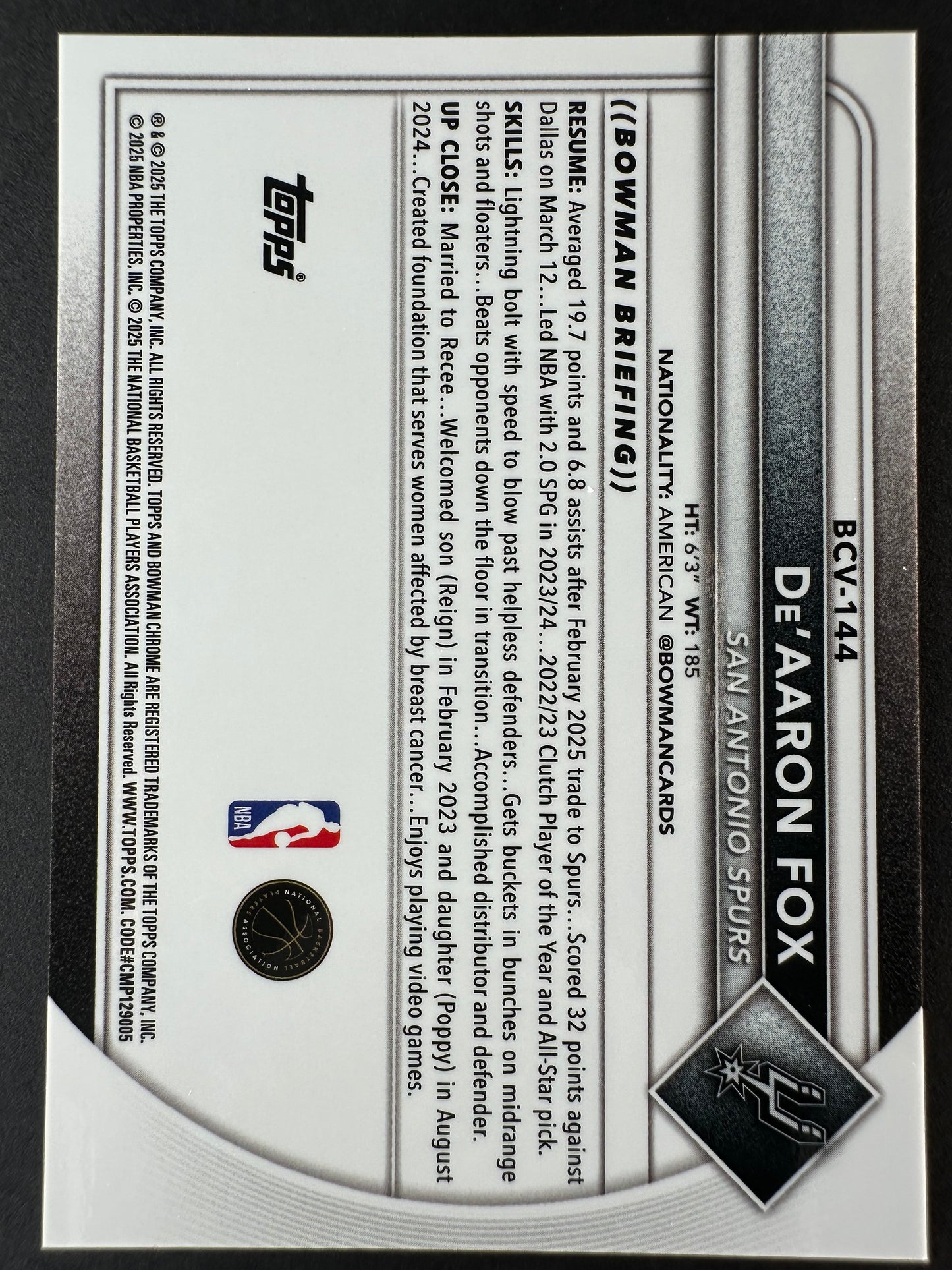 2025-26 Bowmen Chrome De'Aaron Fox Gold Shimmer /50
