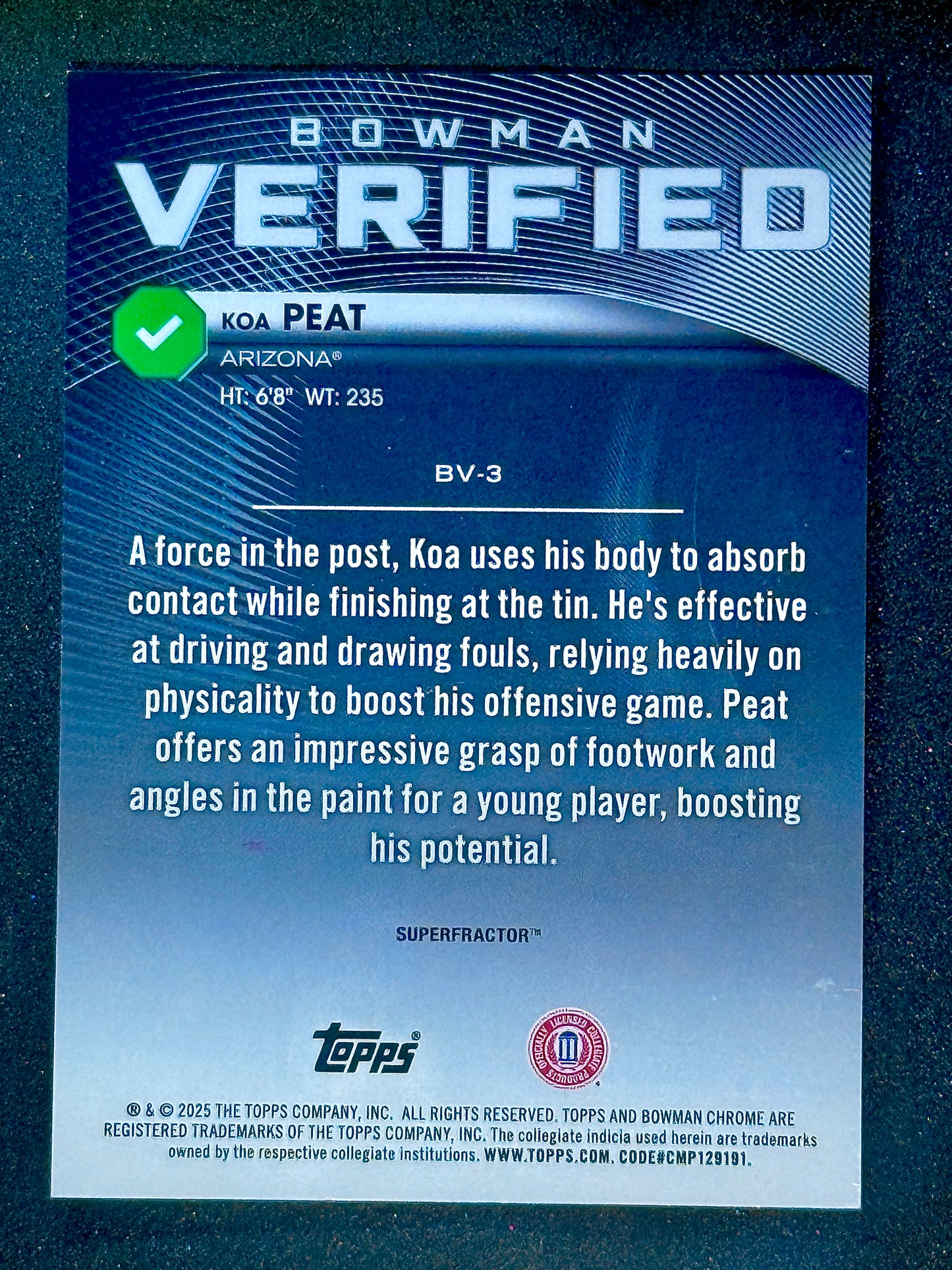 2025 Bowman Chrome Basketball Koa Peat Verified Superfractor 1/1