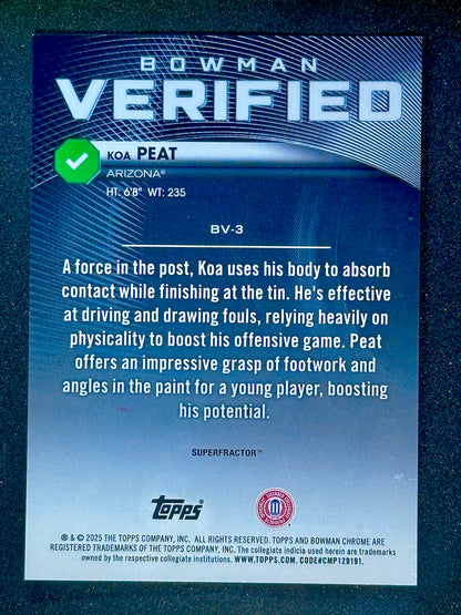 2025 Bowman Chrome Basketball Koa Peat Verified Superfractor 1/1