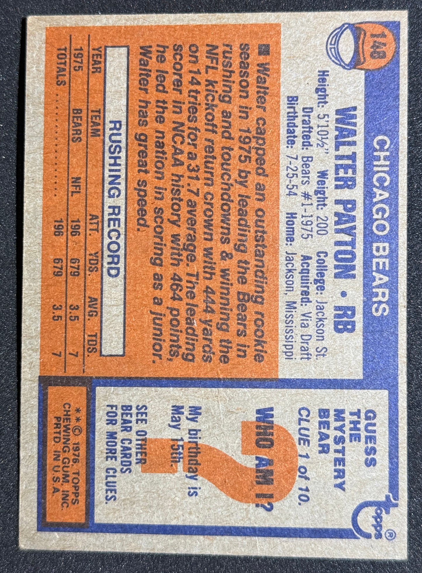 1976 Topps #148 Walter Payton Rookie Vintage HOF RC Football Card (PSA 6/7 Candidate)
