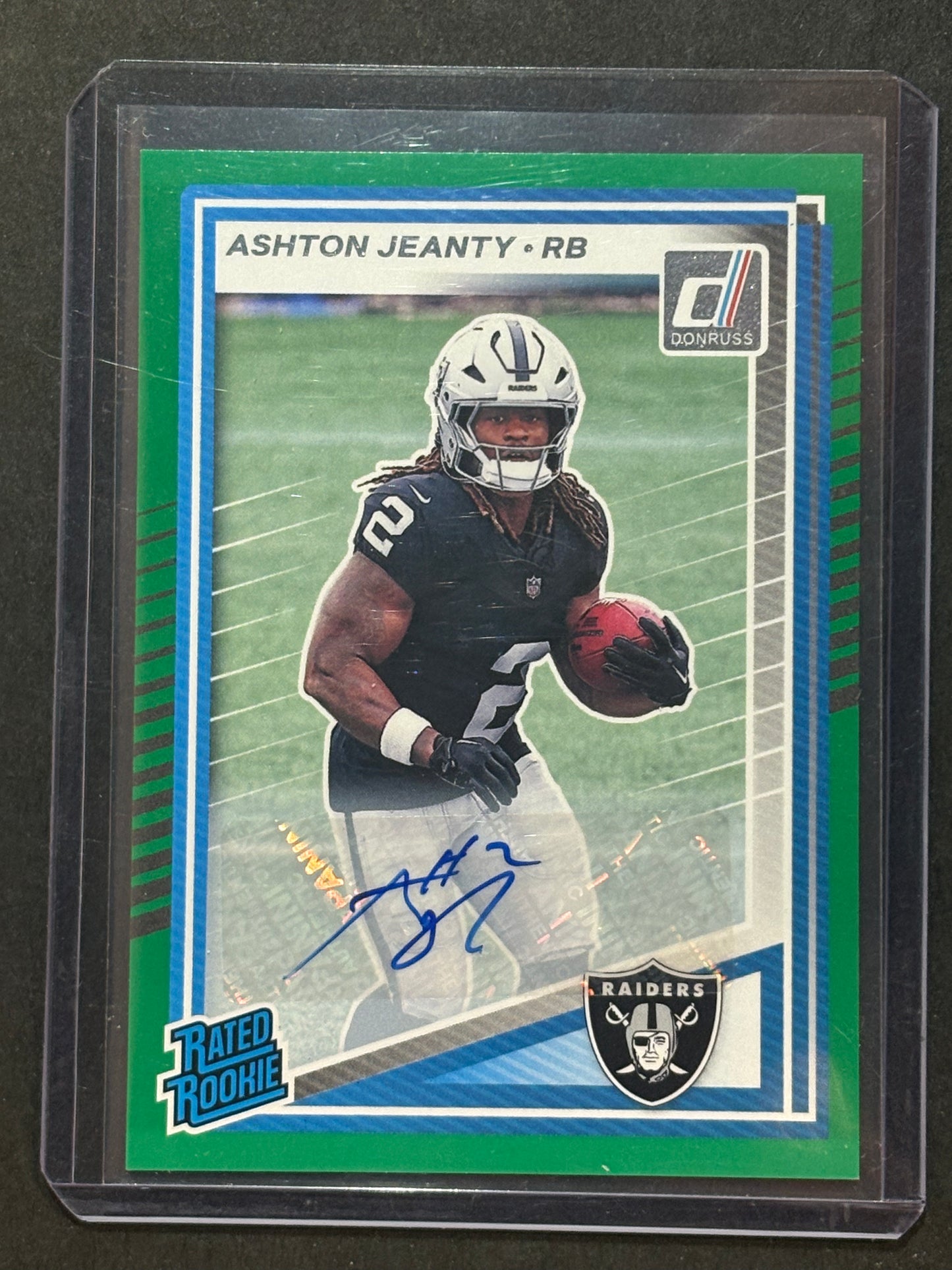 2025 Panini Donruss Rated Rookie Ashton Jeanty #305 Green Autographs (AU, RC)