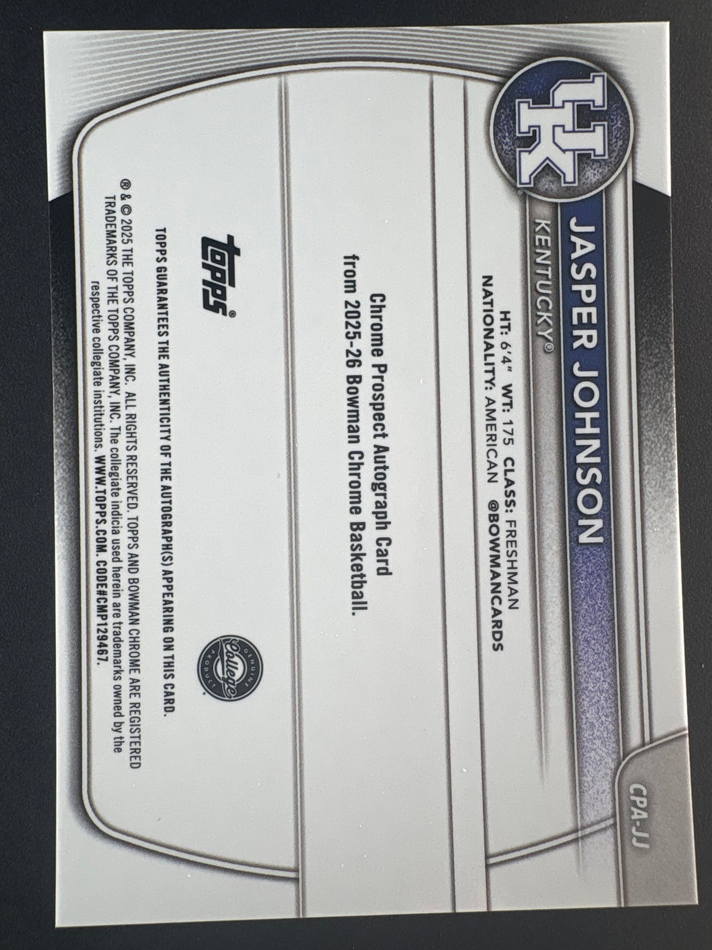 2025/26 Jasper Johnson Topps Bowman Chrome Kentucky Orange Auto /25