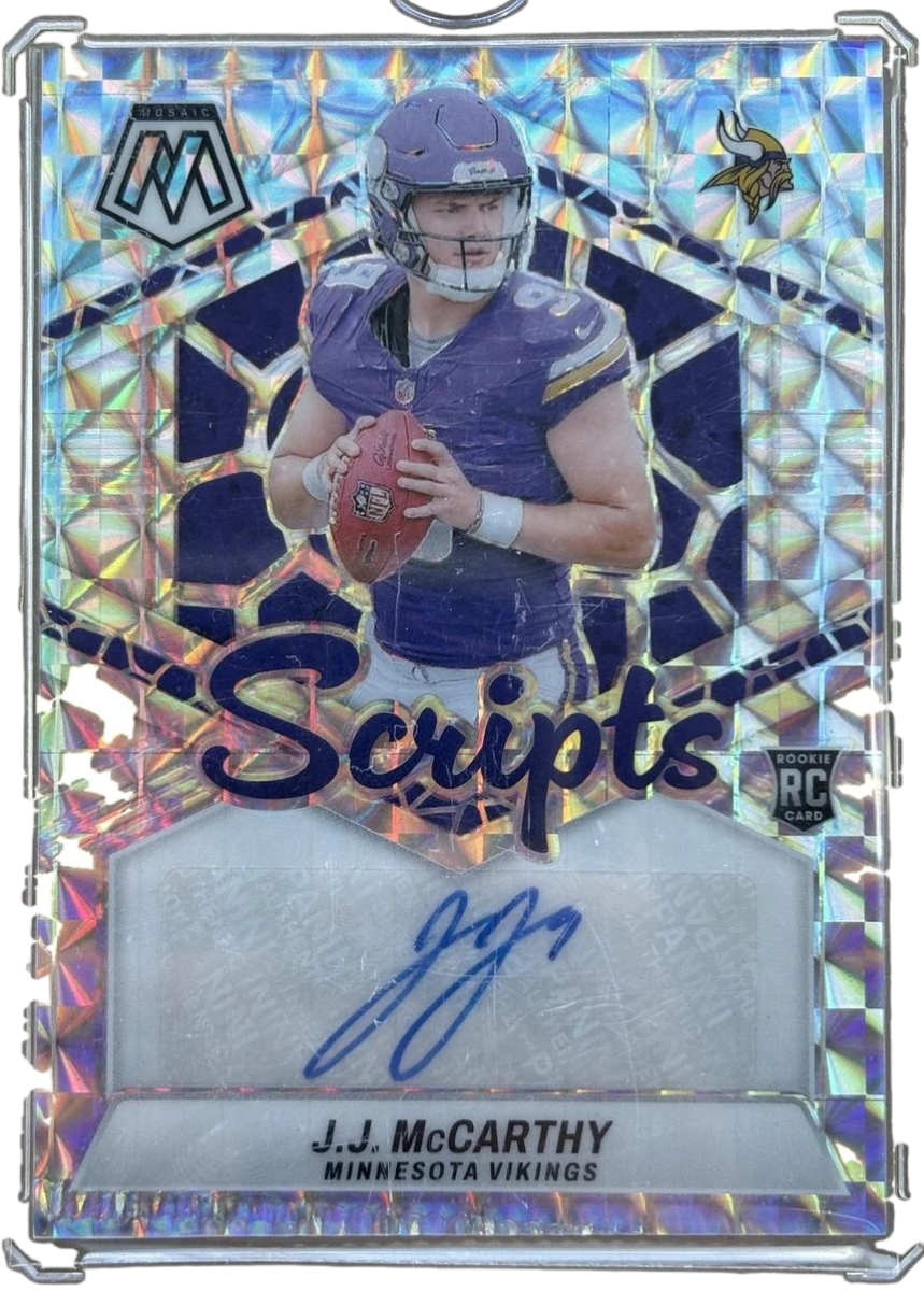 Panini 2024 Mosaic Scripts J.J. McCARTHY RC Autograph (Crimp Error Bottom Left) — normalized