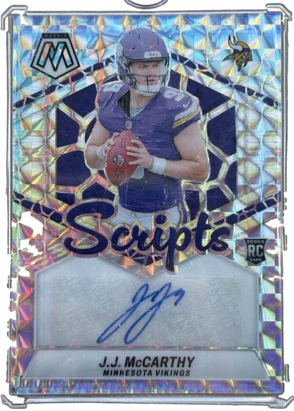 Panini 2024 Mosaic Scripts J.J. McCARTHY RC Autograph (Crimp Error Bottom Left) — normalized