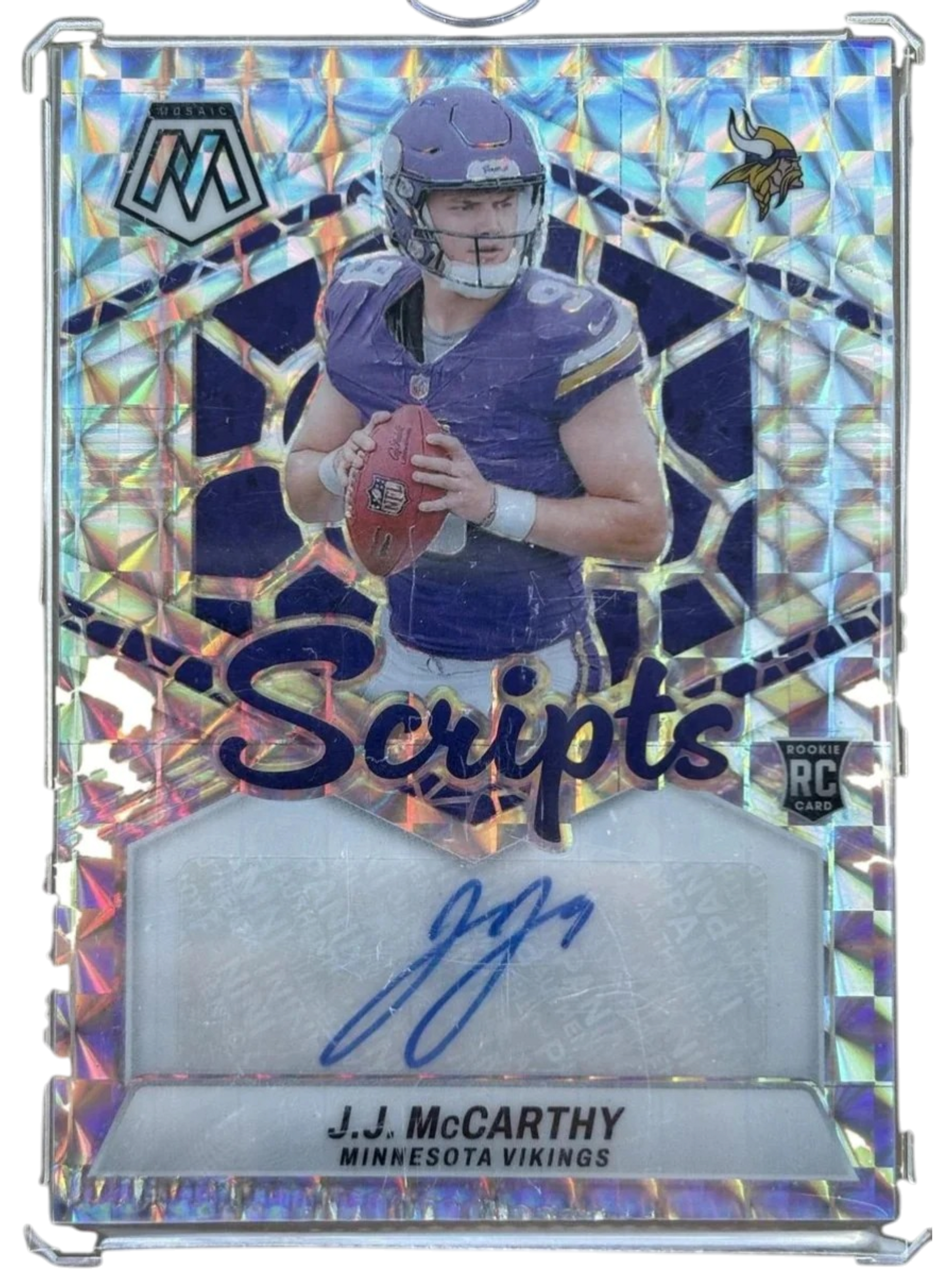 Panini 2024 Mosaic Scripts J.J. McCARTHY RC Autograph (Crimp Error Bottom Left) — normalized