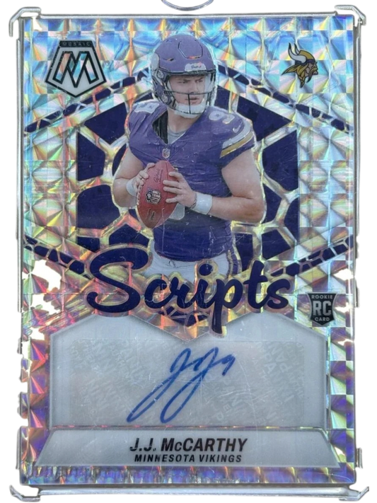 Panini 2024 Mosaic Scripts J.J. McCARTHY RC Autograph (Crimp Error Bottom Left) — normalized