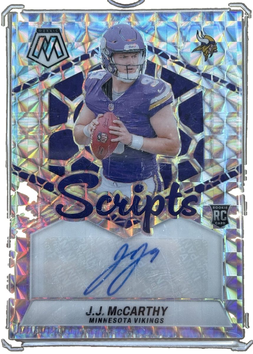 Panini 2024 Mosaic Scripts J.J. McCARTHY RC Autograph (Crimp Error Bottom Left)