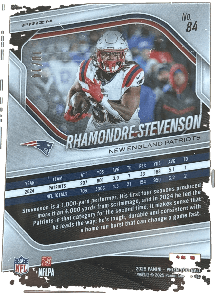 Panini 2025 Prizm Rhamondre Stevenson #84 Choice Blue Prizm /14