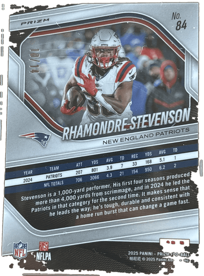 Panini 2025 Prizm Rhamondre Stevenson #84 Choice Blue Prizm /14