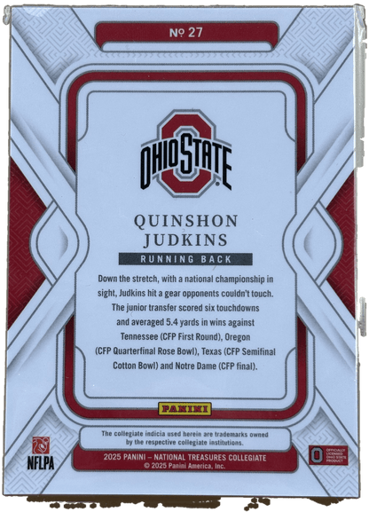 Panini 2025 National Treasures Red /50 Quinshon Judkins #27 RC