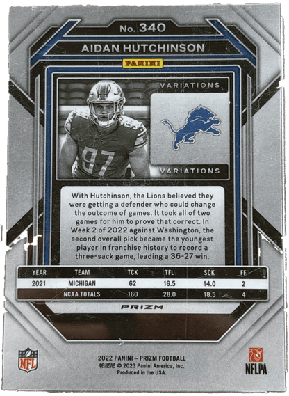 Panini 2022 Prizm Rookie Variations Aidan Hutchinson #340 Silver Prizm RC