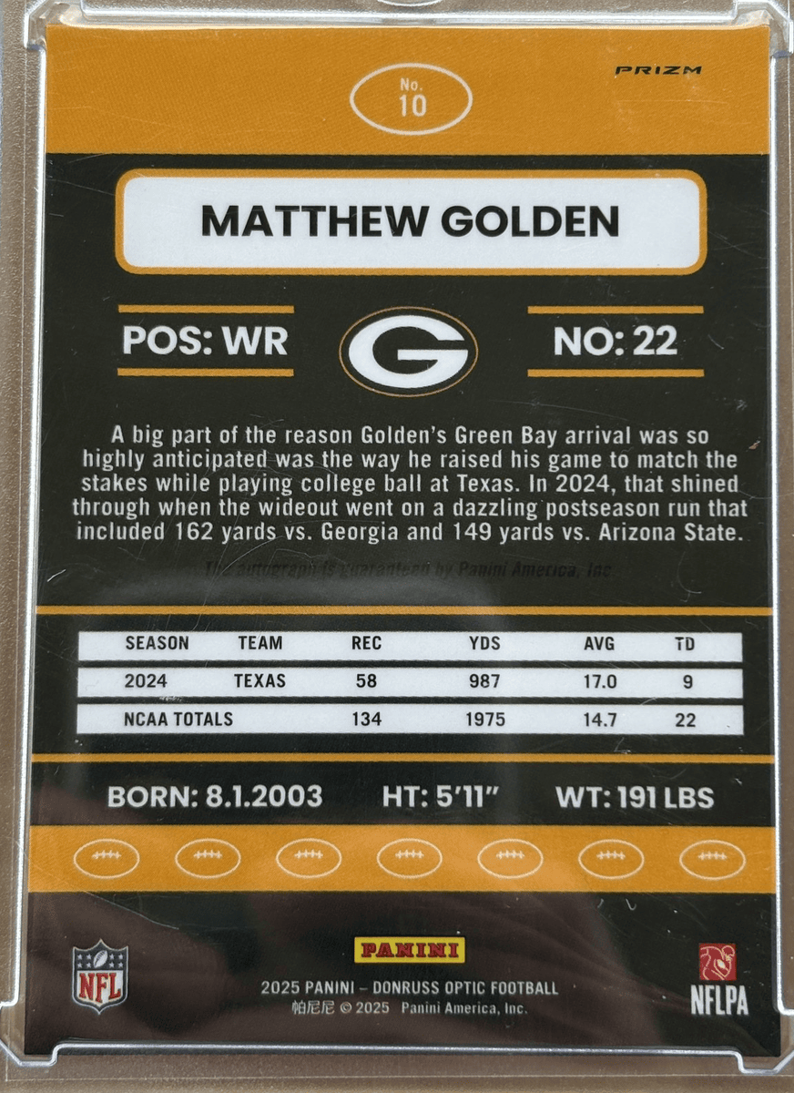 Panini 2025 Optic Holo Retro Rookie Matthew Golden #10 RC