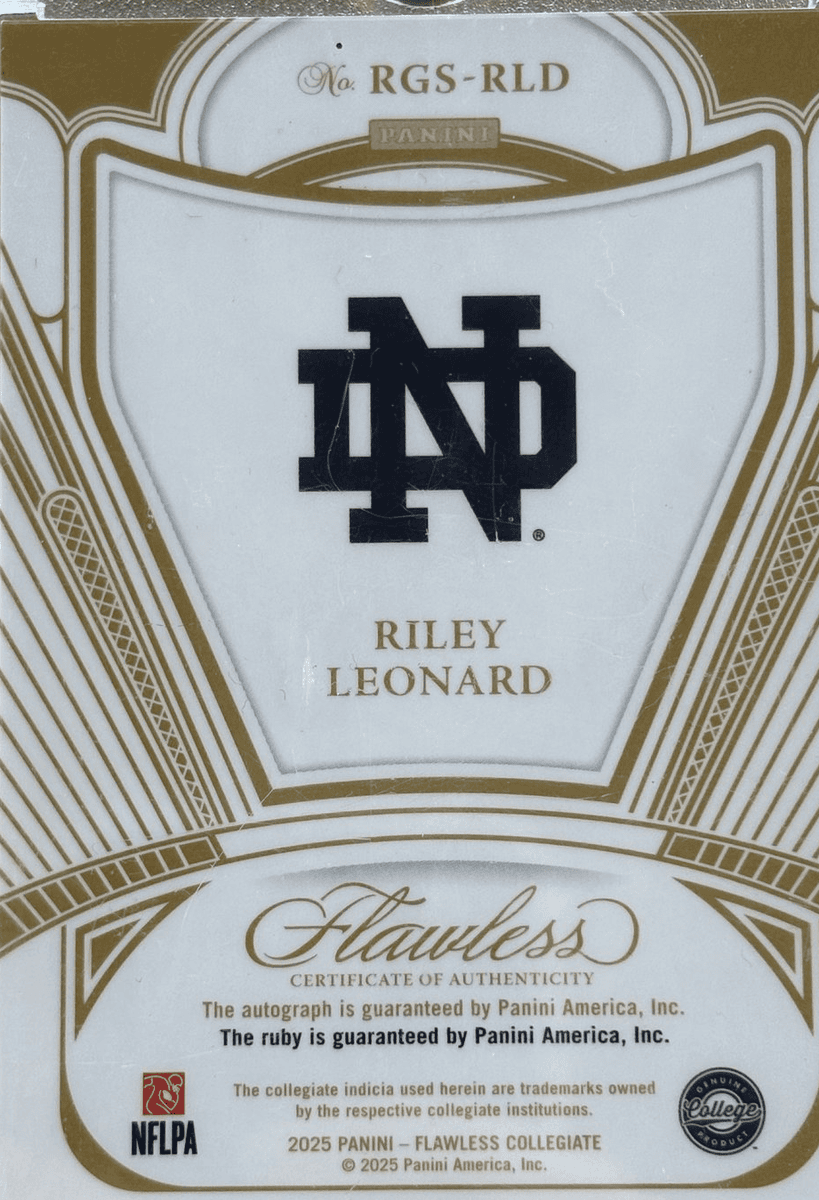 Panini 2025 Flawless Riley Leonard #RGS-RLD Ruby /20 RC