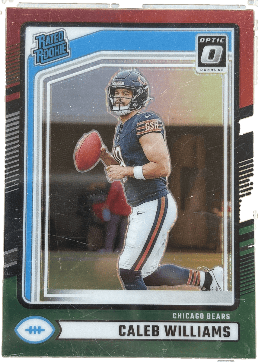 Football trading card of Caleb Williams from the Chicago Bears with a green border.